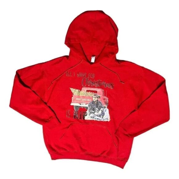 women’s YELLOWSTONE “ALL I WANT FOR CHRISTMAS IS RIP” red hoodie NWT size large - Picture 1 of 7